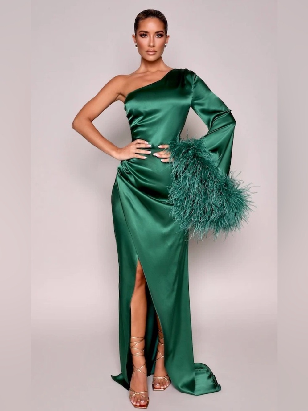 Ava One-Shoulder Emerald Silk Gown with Feather Cuff